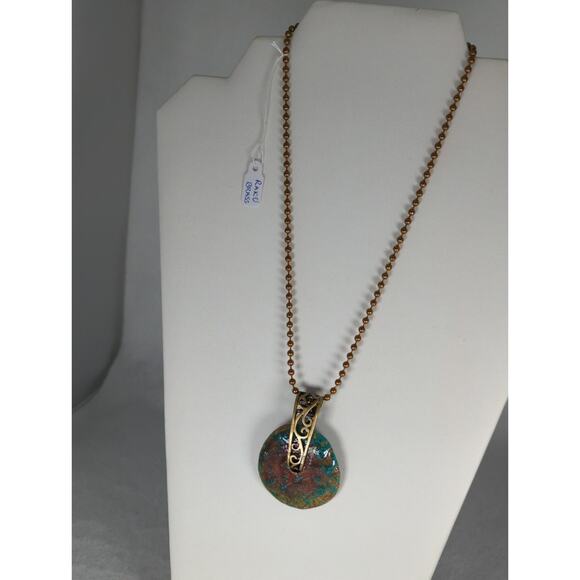 Raku donut pendant+17 ball chain handmade artisan brass ethnic boho hippie NWT - Picture 5 of 6